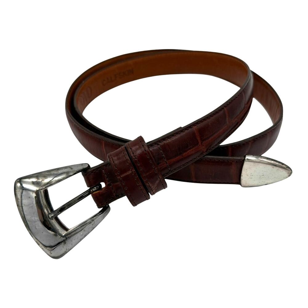 Vintage Joan & David Calfskin Brown Leather Belt Croc Embossed 90s Minimal